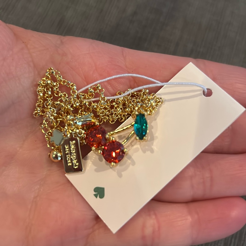KATE SPADE Ma Cherie Cherry Mini Pendant Necklace Red Gold Crystal NWT - Picture 7 of 8